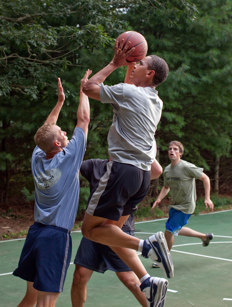 President Barack Obama plays basketball with White House staffers while on vacation on Martha's Vineyard, Aug. 26, 2009. (Official White House Photo by Pete Souza)